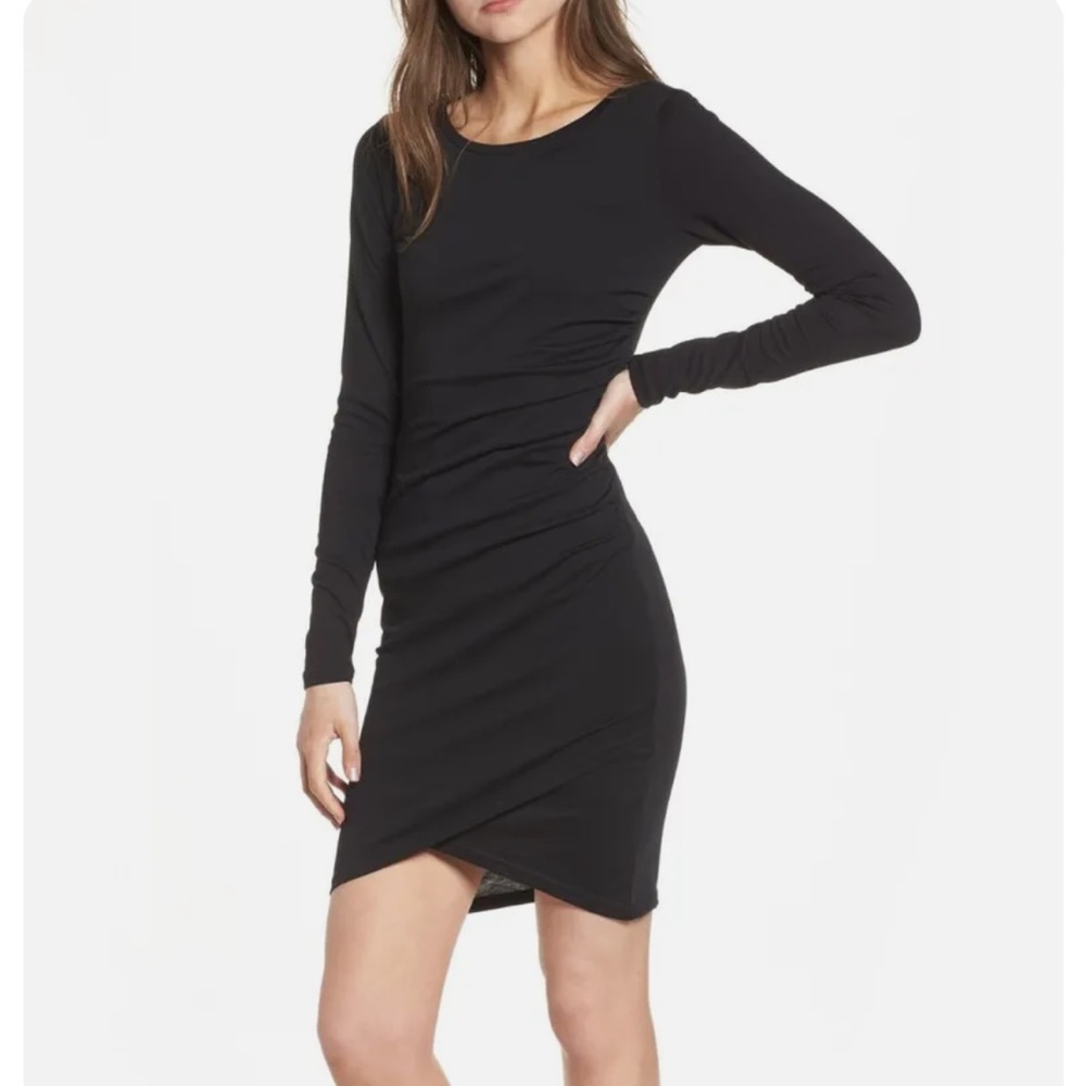 Leith Side Ruched Stretch Bodycon Long Sleeve Knit Dress Midi Women's Small